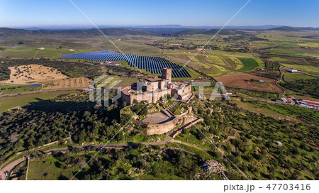 Aerial. Ancient Spanish castle Miraflores, in the town Alconchel, Badajoz. Aerial. Ancient Spanish castle Miraflores, in the town Alconchel, Badajoz. 47703416