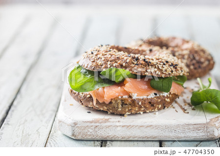 Healthy breackfast with bagels 47704350