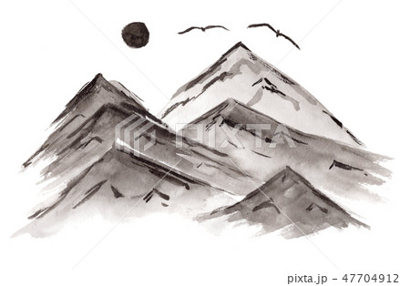 Black chinese ink mountains and birds illustration 47704912