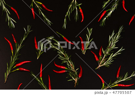 red hot pepper and basil on a black background red hot pepper and basil on a black background 47705507