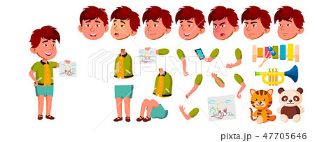 Asian Boy Kindergarten Kid Vector. Animation Creation Set. Face Emotions, Gestures. Playful Positive 47705646