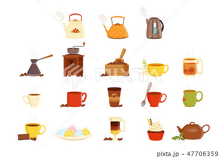 Tea set, various kitchen utensils, tea cup and kettle vector Illustrations 47706359