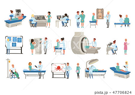 Diagnostic and treatment of cancer set, doctors, patients and equipment for oncology medicine vector 47706824