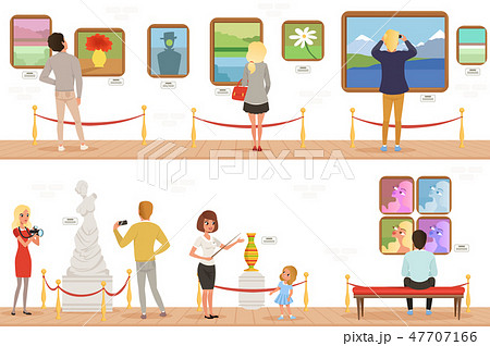 Cartoon characters people visitors in art museum. Paintings, butterflies collection and sculptures Cartoon characters people visitors in art museum. Paintings, butterflies collection and sculptures 47707166
