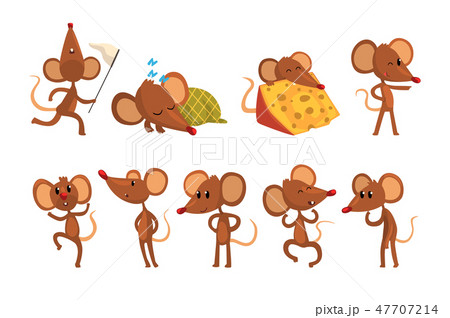 Set of cartoon mouse character in different actions. Running with sweep-net, sleeping, eating cheese Set of cartoon mouse character in different actions. Running with sweep-net, sleeping, eating cheese 47707214
