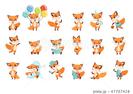 Cute little foxes showing various emotions and actions. Cartoon characters of forest animals. Flat Cute little foxes showing various emotions and actions. Cartoon characters of forest animals. Flat 47707428