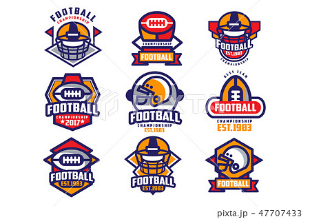 Collection of colorful American football logo. Labels with oval-shaped rugby balls and protective Collection of colorful American football logo. Labels with oval-shaped rugby balls and protective 47707433