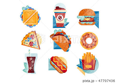 Flat vector icons with fast food and drinks. Sandwich, coffee, hamburger, pizza, tacos, donut, soda Flat vector icons with fast food and drinks. Sandwich, coffee, hamburger, pizza, tacos, donut, soda 47707436