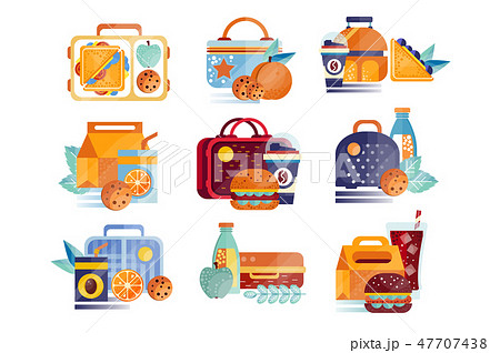 Vector set of icons with lunch boxes and bags with food and drinks. Hamburgers, sandwiches, cookies 47707438
