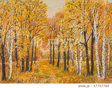 Autumn forest, orange leaves. Original oil painting on canvas. Autumn forest, orange leaves. Original oil painting on canvas. 47707760