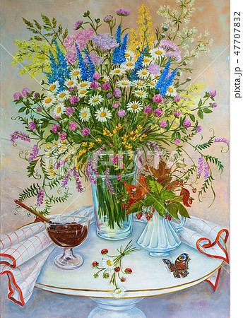 Still life summer field wild flowers and forest fragrant strawberries. Original oil painting. Still life summer field wild flowers and forest fragrant strawberries. Original oil painting. 47707832