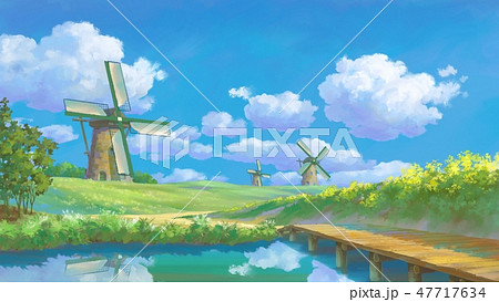 風車と自然風景のイラスト素材