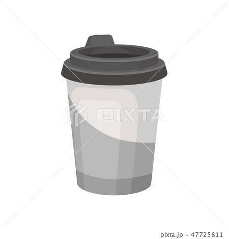Gray plastic cup for coffee or tea with lid. Tasty beverage. Delicious hot drink. Flat vector design 47725811