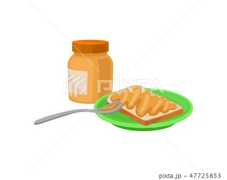 Toasted bread on plate and jar with peanut butter. Delicious breakfast. Tasty morning food. Flat Toasted bread on plate and jar with peanut butter. Delicious breakfast. Tasty morning food. Flat 47725853