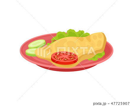 Omelette with lettuce leaf, slice of tomato and cucumber on pink plate. Food for breakfast. Flat Omelette with lettuce leaf, slice of tomato and cucumber on pink plate. Food for breakfast. Flat 47725907