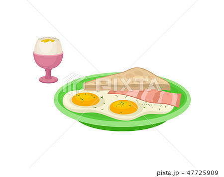 Flat vector design of boiled egg in pink cup, green plate with fried eggs, slice of bacon and bread 47725909
