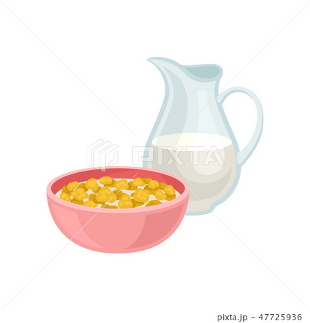 Delicious corn flakes in pink bowl and fresh milk in glass jug. Tasty meal. Healthy breakfast. Flat 47725936
