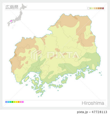広島県の地図 等高線 色分け のイラスト素材