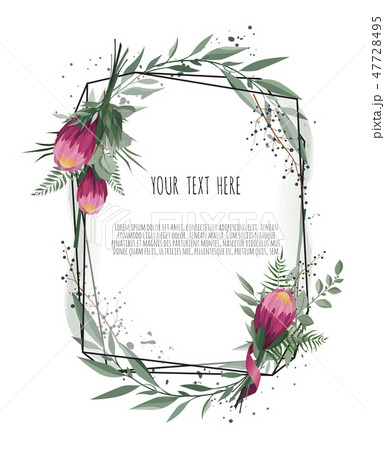Vector floral botanical card design with leaves with geometrical frame. Protea Flower bouquet. 47728495