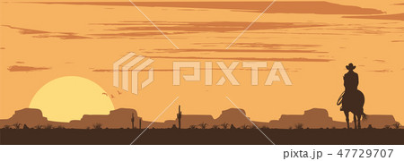 Silhouette of lonesome cowboy riding horse at suns Silhouette of lonesome cowboy riding horse at suns 47729707