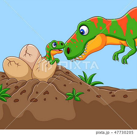 Cartoon Tyrannosaurus With Her Baby Hatchingのイラスト素材