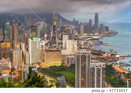 Hong Kong, China skyline from Victoria Peak. Hong Kong, China skyline from Victoria Peak. 47733657