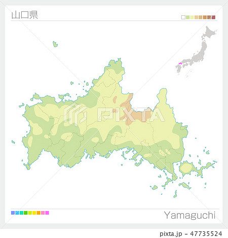山口県の地図（等高線・色分け）