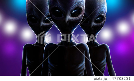 Three aliens on background of lights spaceship. 2D Three aliens on background of lights spaceship. 2D 47738251