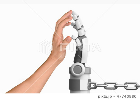 Human hand and robot hand in chain isolated on white background, 47740980