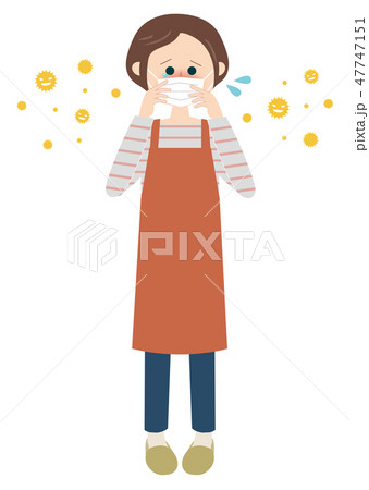 マスクをした女性　赤いエプロン　アレルギー　風邪　花粉症　涙　アレルゲン　花粉　ウィルス　菌 47747151