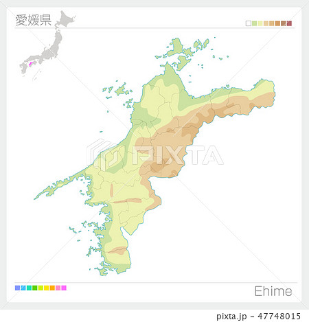 愛媛県の地図 等高線 色分け のイラスト素材