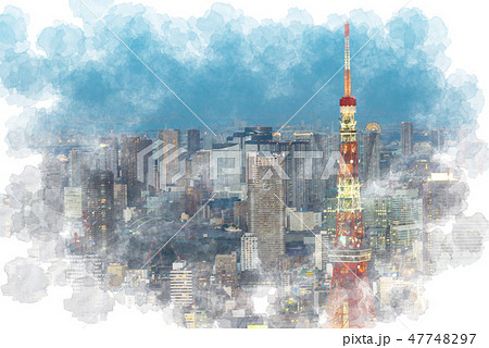 東京の夜景 水彩画風のイラスト素材 [47748297] - PIXTA