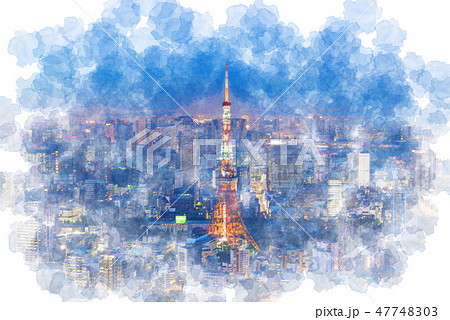 東京の夜景 水彩画風のイラスト素材