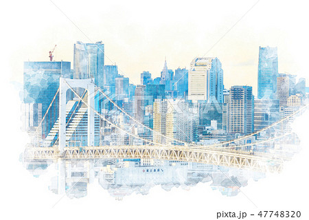 お台場から見た都市風景 水彩画風のイラスト素材 4774