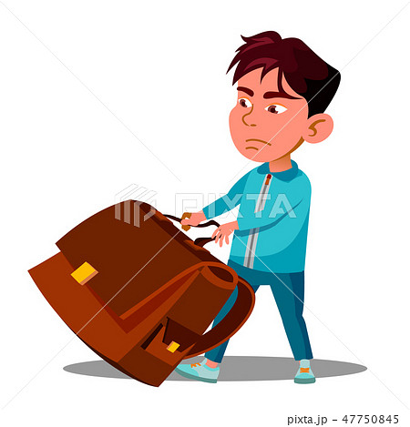 Child Boy With Effort Draging Along The Floor A Heavy School Backpack Vector. Isolated Illustration 47750845