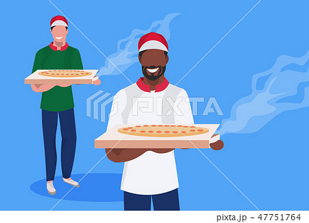 couple male cook chef characters holding box with hot traditional pizza mix race men in uniform food 47751764