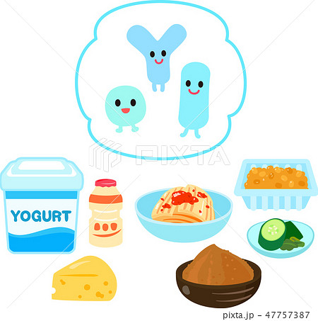 乳酸菌が含まれている食品と乳酸菌のキャラクターのイラスト素材