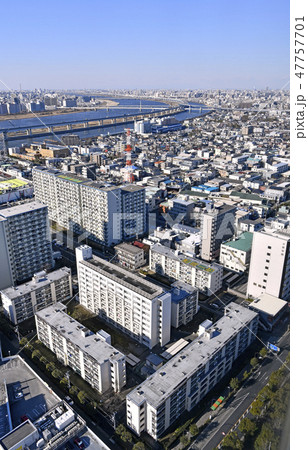 日本の東京都市景観 荒川やボートレース江戸川などを望む 日本の東京都市景観 荒川やボートレース江戸川などを望む 47757701