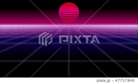 synthwave net and sun Retro Background 3d render 47757840