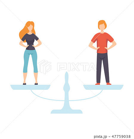 Young Man and Woman Standing on Scales, Equal Rights of People, Gender Equality in Society Vector Young Man and Woman Standing on Scales, Equal Rights of People, Gender Equality in Society Vector 47759038