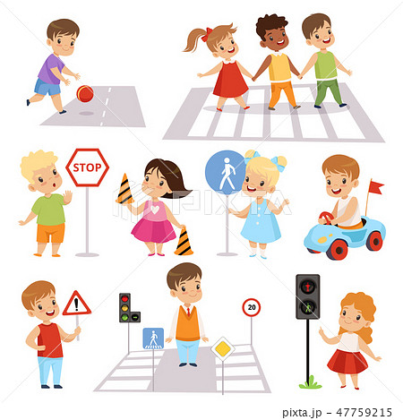 Cute Smiling Boys and Girls Crossing Streets and Learning Road Signs set, Traffic Education, Rules 47759215