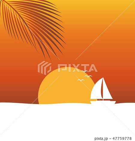 sunset at sea nature landscape with sailboat and palm leaf orange background sunset at sea nature landscape with sailboat and palm leaf orange background 47759778