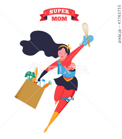 Super Mom Flying Superhero Mother Carrying A のイラスト素材