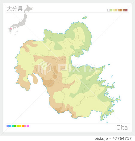 大分県の地図（等高線・色分け）