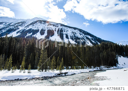 冬のカナディアン・ロッキー　クートニー国立公園の川と山並み 47766871