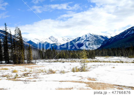 冬のカナディアン・ロッキー　クートニー国立公園の川と山並み 47766876