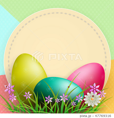 Composition with a round frame, three Easter eggs with grass, 47769316