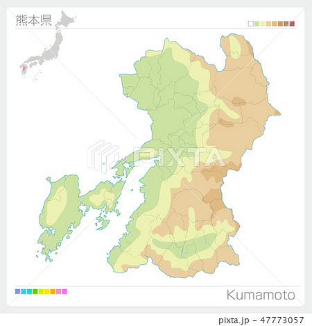 熊本県の地図 等高線 色分け のイラスト素材