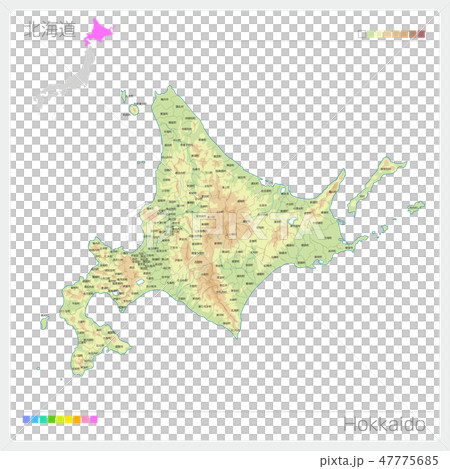 北海道の地図 等高線 色分け 市町村 区分け のイラスト素材