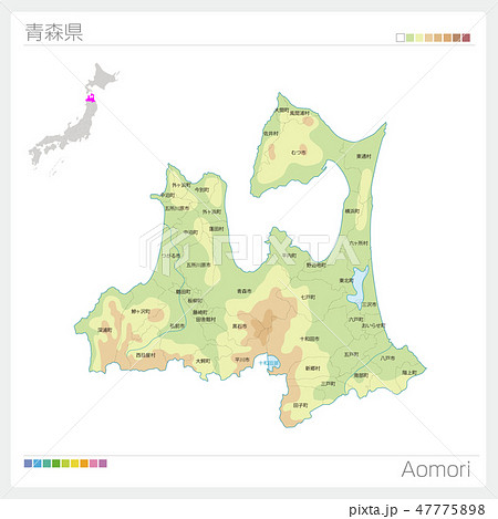 青森県の地図 等高線 色分け 市町村 区分け のイラスト素材